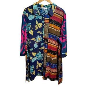 Rose + Olive Plus Size Sheer Pop Over Top Women 2X Mix Print ButtonUp Tunic Boho